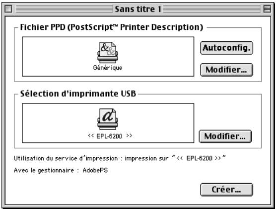 Sans titre 1 Fichier PPD (PostScript™ Printer Description) Générique Autoconfig. Modifier... Sélection d'imprimante USB << EPL-6200 >> Modifier... Utilisation du service d'impression : impression sur "<< EPL-6200 >)" Avec le gestionnaire : AdobePS Créer...