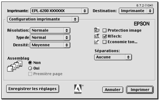 Imprimante: EPL-6200 XXXXXX Configuration imprimante Résolution: Normale Type de Normal Densité: Moyenne Assemblag Non Oui Première page Destination: Imprimante EPSON Protection image RITech: Economie ton... Séparations: Aucune Enregistrer les réglages Adobe Annuler Imprimer