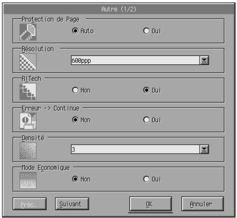 Autre (1/2) Protection de Page ● Auto ○ Oui Resolution 600ppp RITech ○ Non ● Oui Erreur -> Continue ● Non ○ Oui Densité 3 Mode Economique ● Non ○ Oui Prés. Suivant OK Annuler