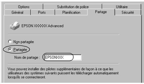 Options Substitution de police Utilitaire Général Ports Planification Partage Sécurité EPSON XXXXXX Advanced ○ Non partagée ● Partagée Nom de partage : EPSONXXX Vous pouvez installer des pilotes supplémentaires de façon à ce que les utilisateurs des systèmes suivants puissent les télécharger automatiquement lorsqu'ils se connecteront.