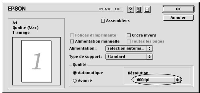 EPSON EPL-6200 1.00 OK Annuler A4 Qualité (Mac) Tramage Assemblées Policies d'imprimante Ordre invers Alimentation manuelle Toutes les pages Alimentation : Sélection automa... Type de support : Standard Qualité Automatique Résolution Avancé 600dpi