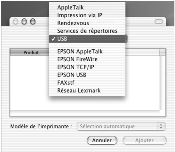 AppleTalk Impression via IP Rendezvous Services de répertoires ✓ USB EPSON AppleTalk EPSON FireWire EPSON TCP/IP EPSON USB FAXstf Réseau Lexmark Produit Modèle de l'imprimante : Sélection automatique Annuler Ajouter