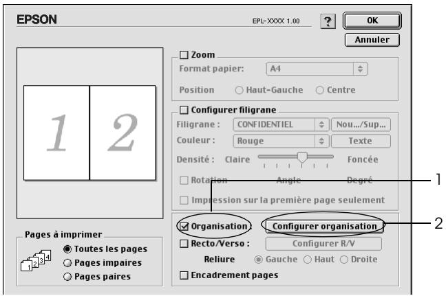 EPSON EPL-XXXX 1.00 OK Annuler Zoom Format papier: A4 Position Haut-Gauche Centre 1 2 Configurer filigrane Filigrane: CONFIDENTIEL Nou.../Sup... Couleur: Rouge Texte Densité: Claire Foncée Rotation Angle Degré Impression sur la première page seulement Organisation Configurer organisation Pages à imprimer Toutes les pages Pages impaires Pages paires Recto/Verso : Configurer R/V Reliure Gauche Haut Droite Encadrement pages