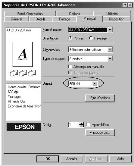 Propriétés de EPSON EPL-6200 Advanced Fond d'impression Options Utilitaire Général Détails Partage Principal Disposition A4 210 x 297 mm Format papier A4 210 x 297 mm Orientation Portrait Paysage Alimentation Sélection automatique Type de support Standard Alimentation manuelle Toutes les pages Qualité 600 dpi Plus d'options Haute qualité (Ordinate 600 dpi) Tramage RITech: Oui Economie de toner: Nor Copies 1 Assemblées A propos de... OK Annuler Appliquer Aide EPSON