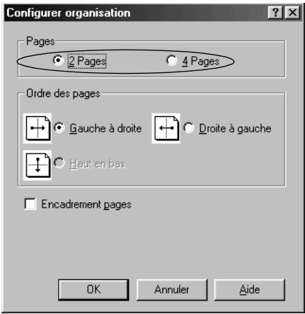 Configurer organisation Pages Pages 4 Pages Ordre des pages Gauge à droite Droite à gauche Haut en bas Encadrement pages OK Annuler Aide