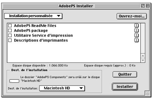 AdobePS Installer Installation personnalisée Ouvrez-moi... AdobePS ReadMe Files AdobePS package Utilitaire Service d'impression Descriptions d'imprimantes Espace disque disponible : 1.066.000 Ko Espace disque requis (approx.) : 0 Ko Dest. de l'installation Le dossier "AdobePS Components" sera créé sur le disque "Macintosh HD" Dest. de l'installation: Macintosh HD Quitter Installer