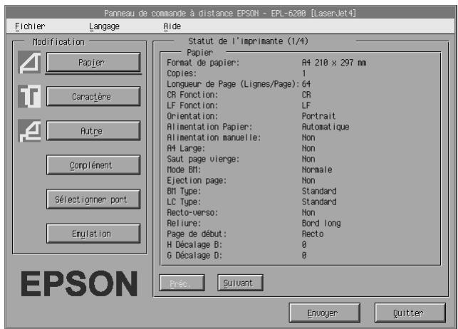 Panneau de commande à distance EPSON - EPL-6208 [LaserJet4] Fichier Langage Ride Modification Papier Caractère Autre Complément Sélectionner pont Emulation Statut de l'imprimante (1/4) Papier Format de papier: RH 218 x 297 mm Copies: 1 Longueur de Page (Lignes/Page): 64 CR Fonction: CR LF Fonction: LF Orientation: Portrait Alimentation Papier: Automatique Alimentation manuelle: Non RH Large: Non Saut page vierge: Non Mode BTI: Normale Ejection page: Non BTI Type: Standard LC Type: Standard Recto-verso: Non Reliure: Bord long Page de début: Recto H Décalage B: 0 G Décalage D: 0 Prac. Suivant Envoyer Quitter EPSON