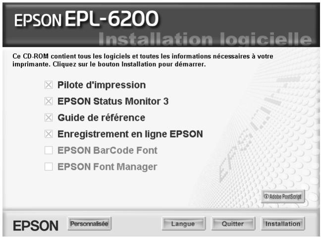 EPSON EPL-6200 Installation logicielle Ce CD-ROM contient tous les logiciels et toutes les informations nécessaires à votre imprimante. Cliquez sur le bouton Installation pour démarrer. Pilote d'impression EPSON Status Monitor 3 Guide de référence Enregistrement en ligne EPSON EPSON BarCode Font EPSON Font Manager © Adobe PostScript EPSON Personnalisée Langue Quitter Installation