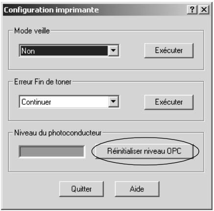 Configuration imprimante Mode veille Non Exécuter Erreur Fin de toner Continuer Exécuter Niveau du photoconducteur Réinitialiser niveau OPC Quitter Aide