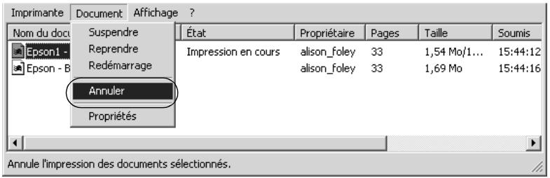 Imprimante Document Affichage ? Nom du doc Suspendre État Propriétaire Pages Taille Soumis Epson1 - Reprendre Impression en cours alison_foley 33 1,54 Mo/1... 15:44:12 Epson - B Redémarrage alison_foley 33 1,69 Mo 15:44:16 Annuler Propriétés Annule l'impression des documents sélectionnés.