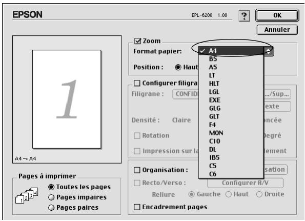 EPSON EPL-6200 1.00 OK Annuler Zoom Format papier: A4 B5 Position : Haut A5 LT HLT LGL EXE GLG GLT F4 MON C10 DL IBS C5 C6 Configurer R/V Pages à imprimer Toutes les pages Pages impaires Pages paires Reliure Gauche Haut Droite Encadrement pages