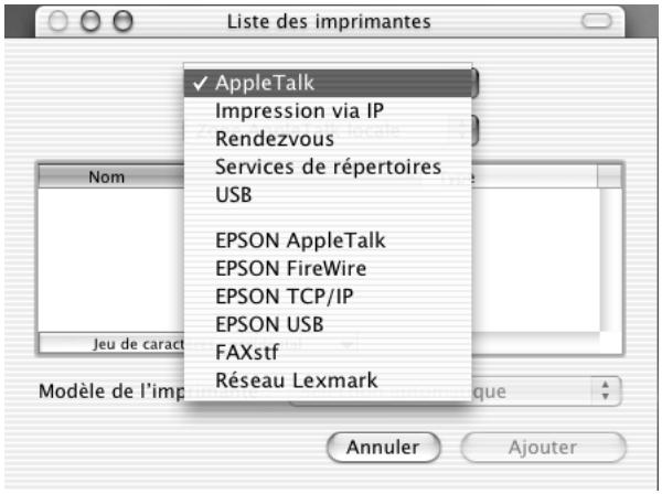 Liste des imprimantes ✓ AppleTalk Impression via IP Rendezvous Services de répertoires USB EPSON AppleTalk EPSON FireWire EPSON TCP/IP EPSON USB FAXstf Réseau Lexmark Annuler Ajouter Nom Jeu de caract Modèle de l'imp