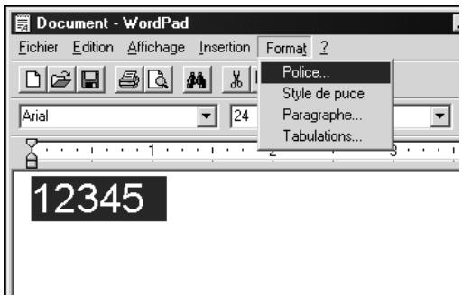 Document - WordPad Fichier Edition Affichage Insertion Format ? Arial 24 Police... Style de puce Paragraphe... Tabulations... 12345