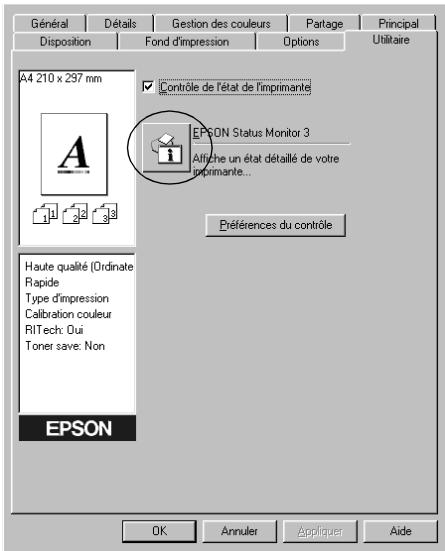 Général Détails Gestion des couleurs Partage Principal Disposition Fond d'impression Options Utilitaire A4 210 x 297 mm A Controle de l'état de l'imprimante EPSON Status Monitor 3 Alfiche un état détaillé de votre imprimante... Haute qualité (Ordinate Rapide Type d'impression Calibration couleur RITech: Dui Toner save: Non Préférences du contrôle EPSON OK Annuler Appliquer Aide