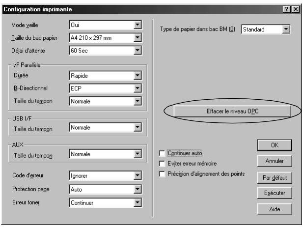 Configuration imprimante Mode zeille Oui Taille du bac papier A4 210 x 297 mm Délai d'attente 60 Sec I/F Parallèle Durée Rapide Bi-Directionnel ECP Taille du tampon Normale USB I/F Normale Taille du tampon Normale AUX Taille du tampon Normale Code d'erreur Ignorer Protection page Auto Erreur toner Continuer Type de papier dans bac BM (0) Standard Effacer le niveau OPC Continuer auto Eviter erreur mémoire Précision d'alignement des points OK Annuler Par défaut Exécuter Aide