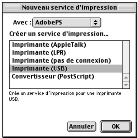Nouveau service d'impression Avec : AdobePS Créer un service d'impression... Imprimante (AppleTalk) Imprimante (LPR) Imprimante (pas de connexion) Imprimante (USB) Convertisseur (PostScript) Crée un service d'impression pour une imprimante USB. Annuler OK