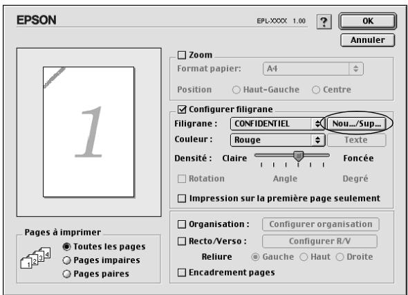 EPSON EPL-XXXX 1.00 OK Annuler Zoom Format papier: A4 Position Haut-Gauche Centre Configurer filigrane Filigrane: CONFIDENTIEL Couleur: Rouge Densité: Claire Foncée Rotation Angle Degré Impression sur la première page seulement Pages à imprimer Toutes les pages Pages impaires Pages paires Organisation: Configurer organisation Recto/Verso: Configurer R/V Reliure Gauche Haut Droite Encadrement pages