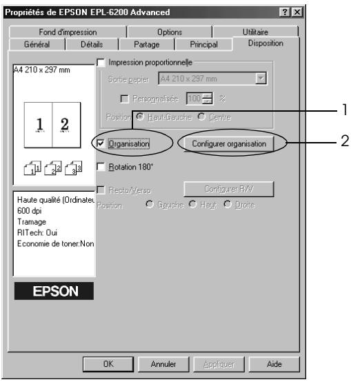 Propriétés de EPSON EPL-6200 Advanced Fond d'impression Options Utilitaire Général Détails Partage Principal Disposition A4 210 x 297 mm 1 2 Impression proportionnelle Sortie papier:A4 210 x 297 mm Personnelée:100 % Position:● Haut-Gauche ● Centre Organisation Configurer organisation Rotation 180° Recto Verso Configurer R/V Haute qualité (Ordinate) 600 dpi Tramage RITech: Oui Economie de toner:Non Position:● Geuche ● Haut ● Droite EPSON OK Annuler Appliquer Aide