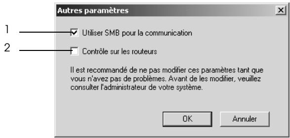 Autres paramètres 1 Utiliser SMB pour la communication 2 Contrôle sur les routeurs Il est recommandé de ne pas modifier ces paramètres tant que vous n'avez pas de problèmes. Avant de les modifier, veuillez consulter l'administrateur de votre système. OK Annuler