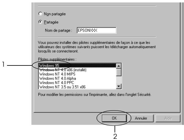 Non partagée Partagée Nom de partage: EPSONXXX Vous pouvez installer des pilotes supplémentaires de façon à ce que les utilisateurs des systèmes suivants puissent les télécharger automatiquement lorsqu'ils se connecteront. Pilotes supplémentaires: Windows 95 Windows NT 4.0 x86 (installé) Windows NT 4.0 MIPS Windows NT 4.0 Alpha Windows NT 4.0 PPC Windows NT 3.5 ou 3.51 x86 Pour modifier les permissions sur l'imprimante, allez dans l'onglet Sécurité. OK Annuler Aide