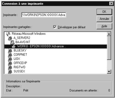 Connexion à une imprimante Imprimante : \WORK8\EPSONXXXXX Adva Imprimantes partagées : Développer par défaut Réseau Microsoft Windows A_SERVER2 BA-AVO-NT WORK8 - EPSONXXXXX Advancer . BLUESKY CORPNET LIOX OFFICEXP RIGTw0 SUSSEX Informations sur l'imprimante Description : Etat : Prêt Documents en attente : 0