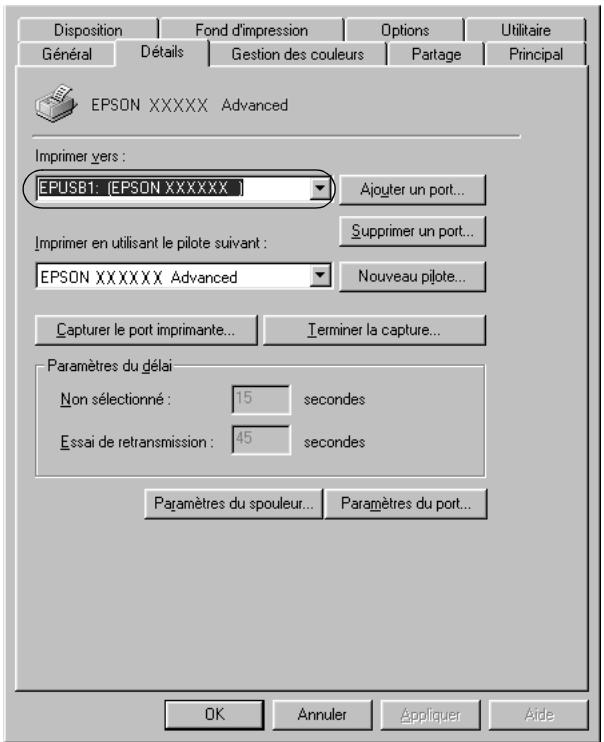 Disposition Fond d'impression Options Utilitaire Général Détails Gestion des couleurs Partage Principal EPSON XXXXX Advanced Imprimer vers : EPUSB1: [EPSON XXXXXX] Ajouter un port... Imprimer en utilisant le pilote suivant : Supprimer un port... EPSON XXXXXX Advanced Nouveau pilote... Capturer le port imprimante... Terminer la capture... Paramètres du délai Non sélectionné : 15 secondes Essai de retransmission : 45 secondes Paramètres du spouleur... Paramètres du port... OK Annuler Appliquer Aide