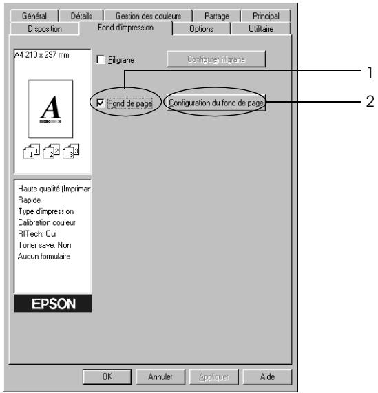 Général Détalis Gestion des couleurs Partage Principal Disposition Fond d'impression Options Utilitaire A4 210 x 297 mm Eiligrane Configurer filgrane Fond de page Configuration du fond de page Haute qualité (Imprimer) Rapide Type d'impression Calibration couleur RITech: Oui Toner save: Non Aucun formulaire EPSON OK Annuler Appliquer Aide