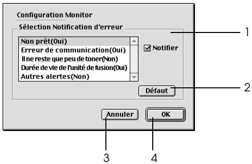Configuration Monitor Sélection Notification d'erreur Non prêt(Oui) Erreur de communication(Oui) Il ne reste que peu de toner(Non) Durée de vie de l'unité de fusion(Oui) Autres alertes(Non) Notifier Défaut Annuler OK 1 2 3 4