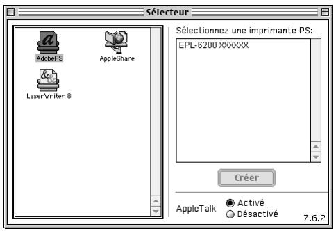 SÉLECTEUR AdobePS AppleShare LaserWriter 8 Sélectionnez une imprimante PS: EPL-6200 XXXXX Créer AppleTalk ● Activé ○ Désactivé 7.6.2