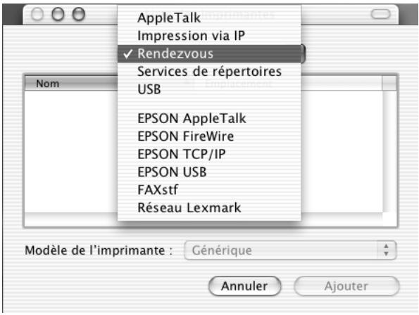 AppleTalk Impression via IP ✓ Rendezvous Services de répertoires USB EPSON AppleTalk EPSON FireWire EPSON TCP/IP EPSON USB FAXstf Réseau Lexmark Modèle de l'imprimante : Générique Annuler Ajouter