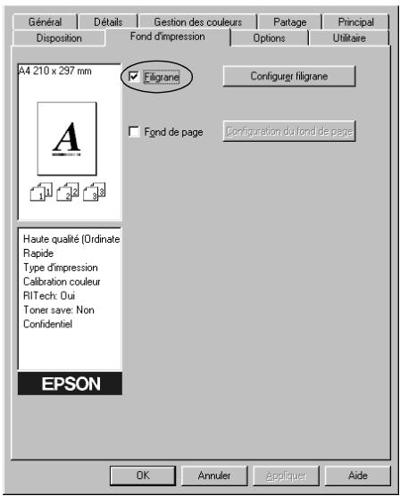 Général Détalis Gestion des couleurs Partage Principal Disposition Fond d'impression Options Utilitaire A4 210 x 297 mm Filgrane Configurer filgrane Fond de page Configuration du fond de page Haute qualité (Ordinate Rapide Type d'impression Calibration couleur RITech: Oui Toner save: Non Confidentiel EPSON OK Annuler Appliquer Aide