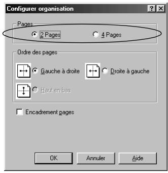 Configurer organisation Pages 2 Pages 4 Pages Ordre des pages Gauge à droite Droite à gauche Haut en bas Encadrement pages OK Annuler Avide