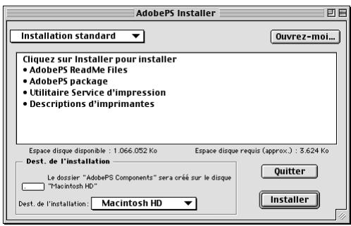 AdobePS Installer Installation standard Ouvrez-moi... Cliquez sur Installer pour installer • AdobePS ReadMe Files • AdobePS package • Utilitaire Service d'impression • Descriptions d'imprimantes Espace disque disponible : 1.066.052 Ko Espace disque requis (approx.) : 3.624 Ko Dest. de l'installation Le dossier "AdobePS Components" sera créé sur le disque "Macintosh HD" Dest. de l'installation: Macintosh HD Quitter Installer