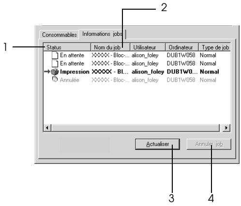Consommables Informations jobs Status Nom du job Utilisateur Ordinateur Type de job En attente XXXXX - Bloc... alison_foley DUB1W058 Normal En attente XXXXX - Bloc... alison_foley DUB1W058 Normal Impression XXXXX - Bl... alison_foley DUB1W0... Normal Annulée XXXXX - Bloc... alison_foley DUB1W058 Normal Actualiser Annuler job