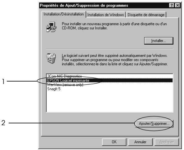 Propriétés de Ajout/Suppression de programmes Installation/Désinstallation Installation de Windows Disquette de démarrage Pour installer un nouveau programme à partir d'une disquette ou d'un CD-ROM, cliquez sur Installer. Installer... Le logiciel suivant peut être supprimé automatiquement par Windows. Pour supprimer un programme ou pour modifier ses composants installés, sélectionnez-le dans la liste et cliquez sur Ajouter/Supprimer. PCom NIC Diagnostics EPSON Logiciel Incentrante InfView (remove only) Snagit 5 Ajouter/Supprimer... OK Annuler Appliquer