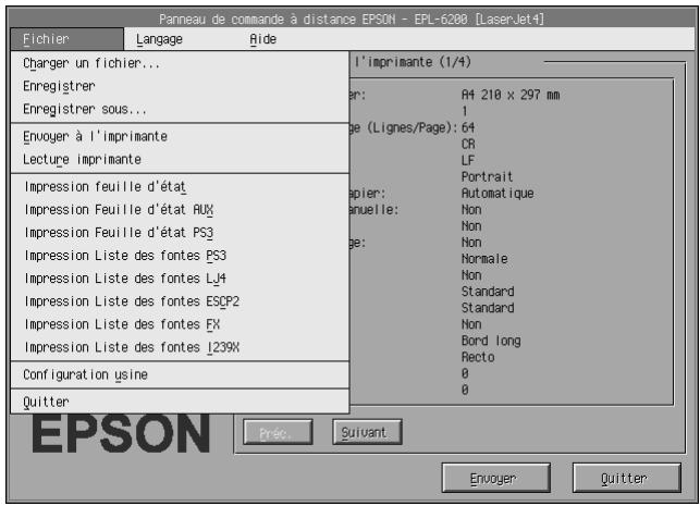 Panneau de commande à distance EPSON - EPL-6200 [LaserJet4] Fichier Langage Ride Charger un fichier... Enregistrer Enregistrer sous... Envoyer à l'imprimante Lecture imprimante Impression feuille d'état Impression Feuille d'état AUX Impression Feuille d'état PS3 Impression Liste des fontes PS3 Impression Liste des fontes LJ4 Impression Liste des fontes ESP2 Impression Liste des fontes FX Impression Liste des fontes I239X Configuration usine Quitter l'imprimante (1/4) ar: AR 210 x 297 mm 1 ge (Lignes/Page): 64 CR LF Portrait apier: Automatique anuelle: Non Non ge: Non Normale Non Standard Standard Non Bond long Recto 0 0 EPSON Préc. Suivant Envoyer Quitter