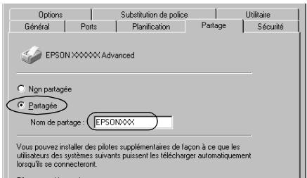 Options Substitution de police Utilitaire Général Ports Planification Partage Sécurité EPSON XXXXXX Advanced ○ Non partagée ● Partagée Nom de partage : EPSONXXX Vous pouvez installer des pilotes supplémentaires de façon à ce que les utilisateurs des systèmes suivants puissent les télécharger automatiquement lorsqu'ils se connecteront.