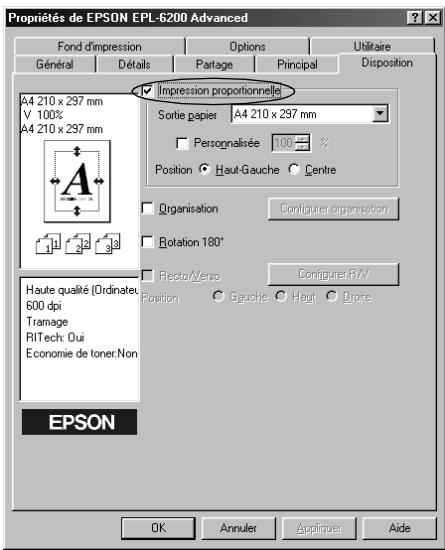 Propriétés de EPSON EPL-6200 Advanced Fond d'impression Options Utilitaire Général Détails Partage Principal Disposition A4 210 x 297 mm V 100% A4 210 x 297 mm Impression proportionnelle Sortie papier A4 210 x 297 mm Persognalisée 100 % Position Haut-Gauche Centre Organisation Configurer organisation Rotation 180° Pecto/Enso Configurer R/Y/ Position Gauche Haut Drote Haute qualité (Ordinate) 600 dpi Tramage RITech: Oui Economie de toner: Non EPSON OK Annuler Appliquer Aide