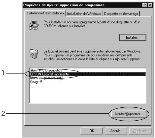 Propriétés de Ajout/Suppression de programmes Installation/Désinstallation Installation de Windows Disquette de démarrage Pour installer un nouveau programme à partir d'une disquette ou d'un CD-ROM, cliquez sur Installer. Installer... Le logiciel suivant peut être supprimé automatiquement par Windows. Pour supprimer un programme ou pour modifier ses composants installés, sélectionnez-le dans la liste et cliquez sur Ajouter/Supprimer. 2Com NIC Diagnostics EPSON logiciel implante Titerview (remove only) Snagit 5 Ajouter/Supprimer... OK Annuler Appliquer