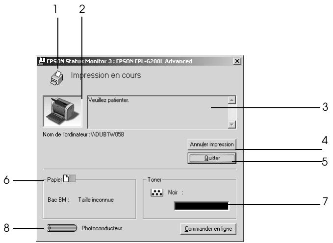 1 2 EPSON Status: Monitor 3 : EPSON EPL-6200L Advanced Impression en cours Veuillez patienter. Nom de l'ordinateur:\DUB1W058 Annuler impression Quitter Papier Bac BM : Taille inconnue Toner Noir : Photoconducteur Commander en ligne 3 4 5 6 7 8