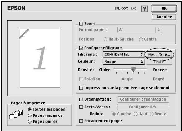 EPSON EPL-XXX 1.00 OK Annuler Zoom Format papier: A4 Position Haut-Gauche Centre Configurer filigrane Filigrane : CONFIDENTIEL Couleur : Rouge Densité : Claire Foncée Rotation Angle Degré Impression sur la première page seulement Pages à imprimer Toutes les pages Pages impaires Pages paires Organisation : Configurer organisation Recto/Verso : Configurer R/V Reliure Gauche Haut Droite Encadrement pages