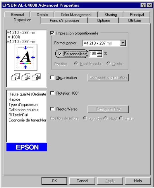 EPSON ACULASER C8600 - Pour redimensionner les pages en fonction d'un pourcentage détermi né: - 1