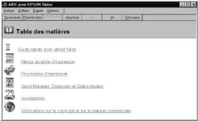 AIDE pour EPSON Styles Eicher Édition Signal Options 2 Summare Erechercher l'intere Imprimer >> Gissolaie Table des matières Guide répids pour utiliser faïde Menus du pilote d'impression Procédures d'impression Sport Manager, Descolor et Status Monitor Accessories Informations sur le copyright et sur le marque commerciale
