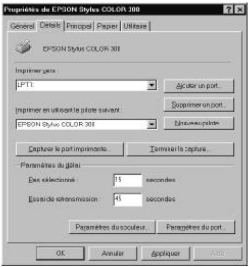 Propriétés de EPSON Styles COLOR 308 Général Dêtois Principal Paper Utiliser EPSON Styles COLOR 308 Improcher vers: LPT1: Ajuster un port... Improcher en utiliser le pilote suivant: EPSON Styles COLOR 308 Supprimer un port... Unsureau pointe Capture la port imprémenta... Terminée la capture... Paramètres du gâteu Eaux sélectionnés: 15 secondes Éspace de transmission: 45 secondes Paramètres du scouléur... Paramètres du port... OK Annuler Appliquer Add