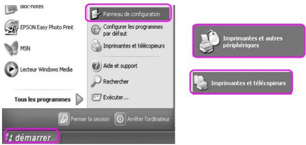 bloc-notes EPSON Easy Photo Print MSN Lecteur Windows Media Tous les programmes Panneau de configuration Configurer les programmes par défaut Imprimantes et télécopieurs Aide et support Rechercher Exécuter... Fermer la session Arrêter l'ordinateur démarrer Imprimantes et autres périphériques Imprimantes et télécopieurs