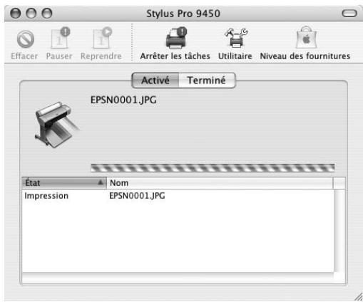 Stylus Pro 9450 Effacer Pauser Reprendre Arrêter les tâches Utilitaire Niveau des fournitures Activé Terminé EPSN0001.JPG État Nom Impression EPSN0001.JPG