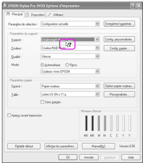 EPSON Stylus Pro 9450 Options d'impression Principal Disposition Utilitaire Paramètre de sélection : Configuration actuelle Enregistrer/supprimer... Paramètres du support Support : Singleweight Mains P'sau Couleur : Couleur/NLB Photo Qualité : Vitesse Mode : Automatique Perso. Couleurs vives EPSON Paramètres papier Source : Papier rouleau Option papier rouleau... Taille : Lette US 8¼ x 11 p. Personnalisée... Sans pages Aperçu avant impression Niveaux d'encre MK MK M M C C Y Y Rétablir défaut Afficher les paramètres... Manuel(w) Version 6.50 OK Annulet Appliquer Aide