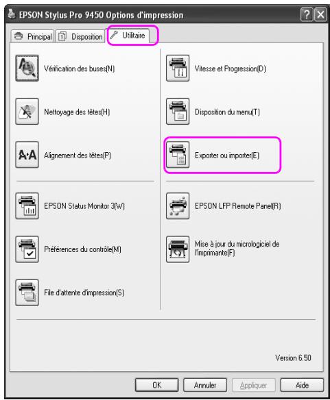 EPSON Stylus Pro 9450 Options d'impression Principal Disposition Utilitaire Vérification des buses(N) Nettoyage des têtes(H) Alignement des têtes(F) EPSON Status Monitor 3(V) Préférences du contrôle(M) File d'attente d'impression(S) Vitesse et Progression(D) Disposition du menu(T) Exporter ou importer(E) EPSON LFP Remote Panel(R) Mise à jour du micrologiciel de l'imprimante(F) Version 6.50 OK Annulet Appliquer Aide