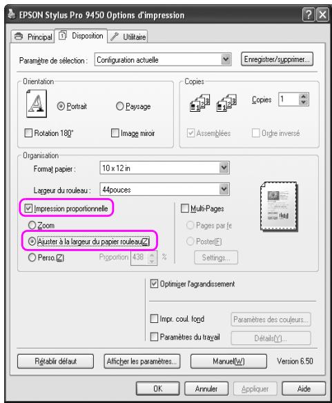 EPSON Stylus Pro 9450 Options d'impression Principal Disposition Utilitaire Paramètre de sélection: Configuration actuelle Enregistrer/supprimer... Orientation Portrait Payage Rotation 180° Image miroir Copies Copies 1 Assemblées Ordre inversé Organisation Format papier: 10 x 12 in Largeur du rouleau: 44pouces Impression proportionnelle Zoom Ajuster à la largeur du papier rouleau Perso Proportion 438 % Multi-Pages Pages par [e] Poster(E) Settings... Optimiser l'agrandissement Impr. coul. fond Paramètres des couleurs... Paramètres du travail Détailt(1)... Régérér défaut Afficher les paramètres... Manuel(W) Version 6.50 OK Annulet Appliquer Aide