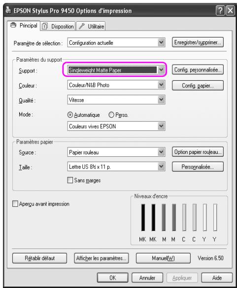 EPSON Stylus Pro 9450 Options d'impression Principal Disposition Utilitaire Paramètre de sélection : Configuration actuelle Enregistrer/supprimer... Paramètres du support Support : Eindleweight Matte Paper Config. personnalisée... Couleur : Couleur/N&B Photo Config. papier... Qualité : Vitesse Mode : Automatique Perso. Couleurs vives EPSON Paramètres papier Source : Papier rouleau Option papier rouleau... Taille : Lettre US 8¼ x 11 p. Personalisée... Sans marges Aperçu avant impression Niveaux d'encre MK MK M M C C Y Y Régérir défaut Afficher les paramètres... Manuel(W) Version 6.50 OK Annulet Appliquer Aide